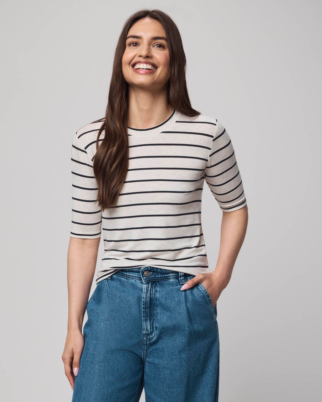 Bamboo Blend Stripe Quarter Sleeve Tee