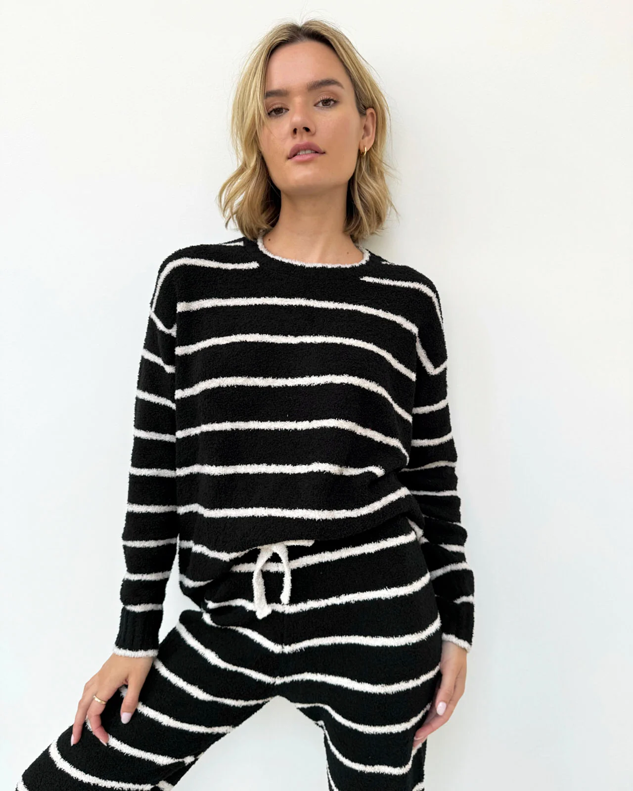 Black and Oat Stripe Fuzzy Sweater PJ Set - Image 2