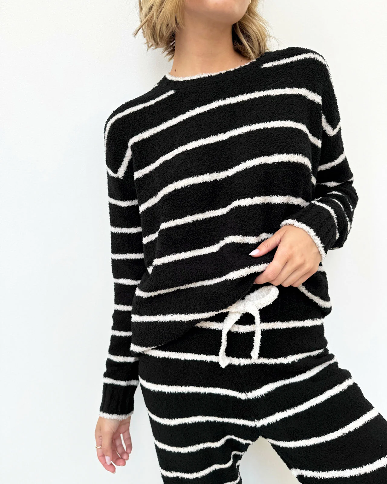 Black and Oat Stripe Fuzzy Sweater PJ Set - Image 3