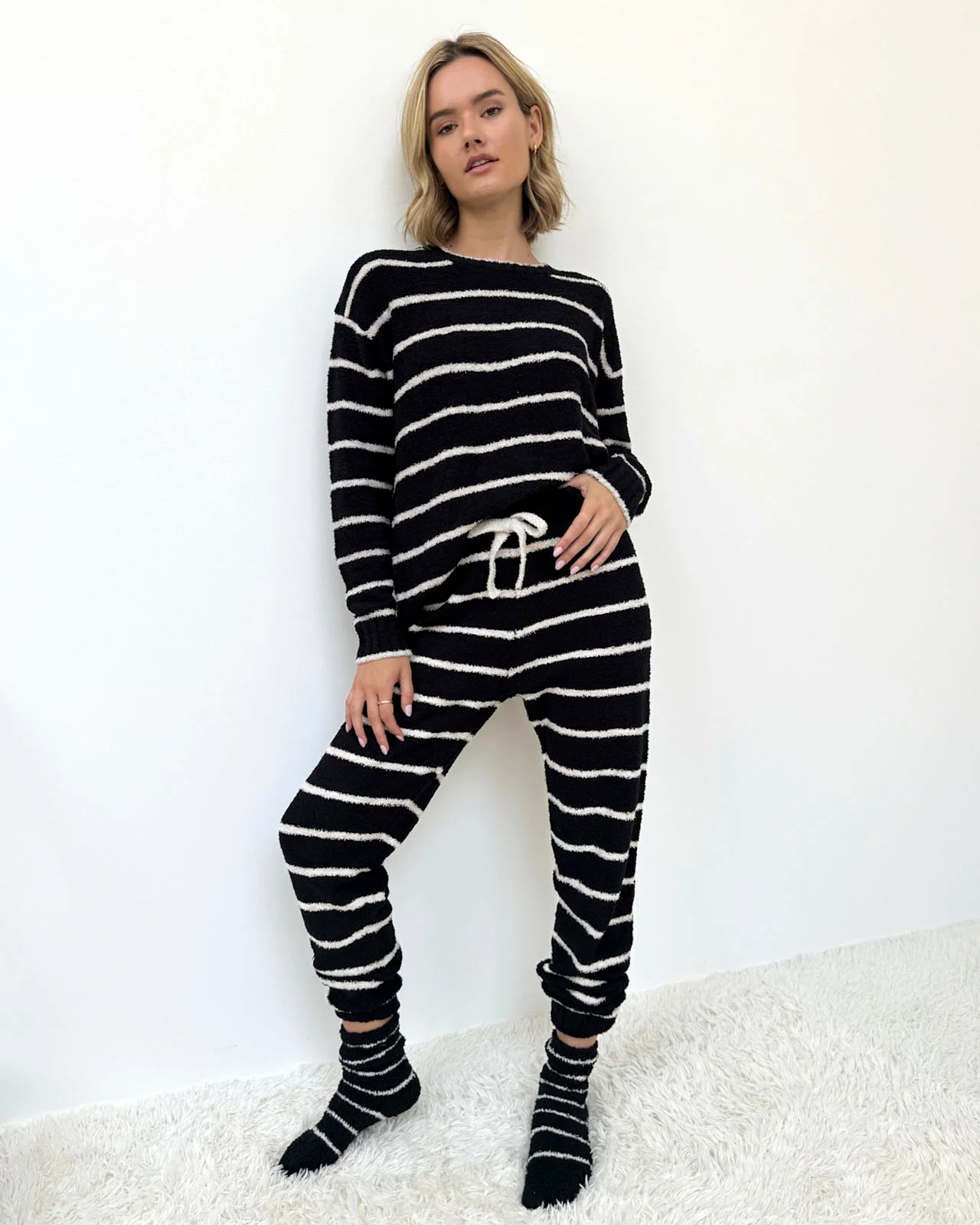 Black and Oat Stripe Fuzzy Sweater PJ Set - Image 5