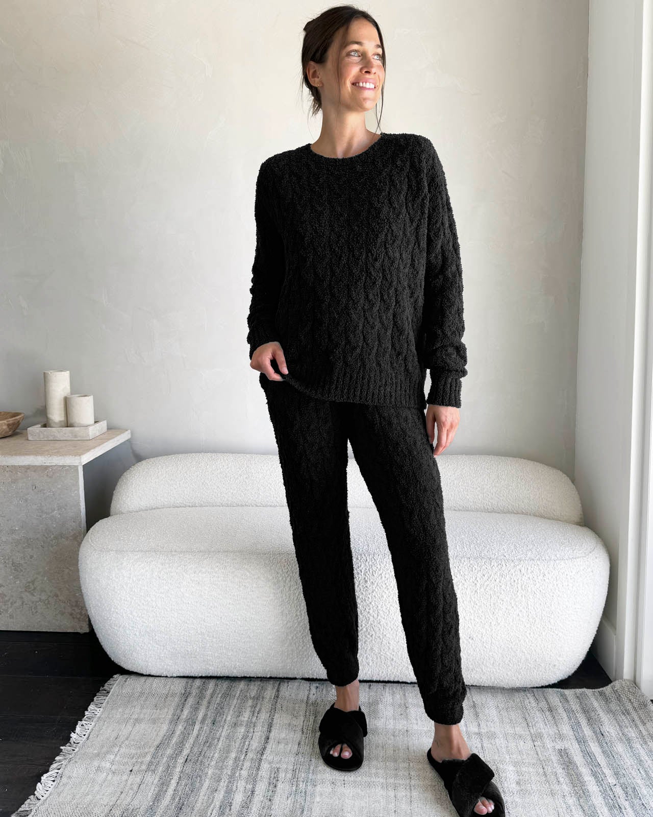Black Fuzzy Cable Knit Sweater PJ Set - Image 2