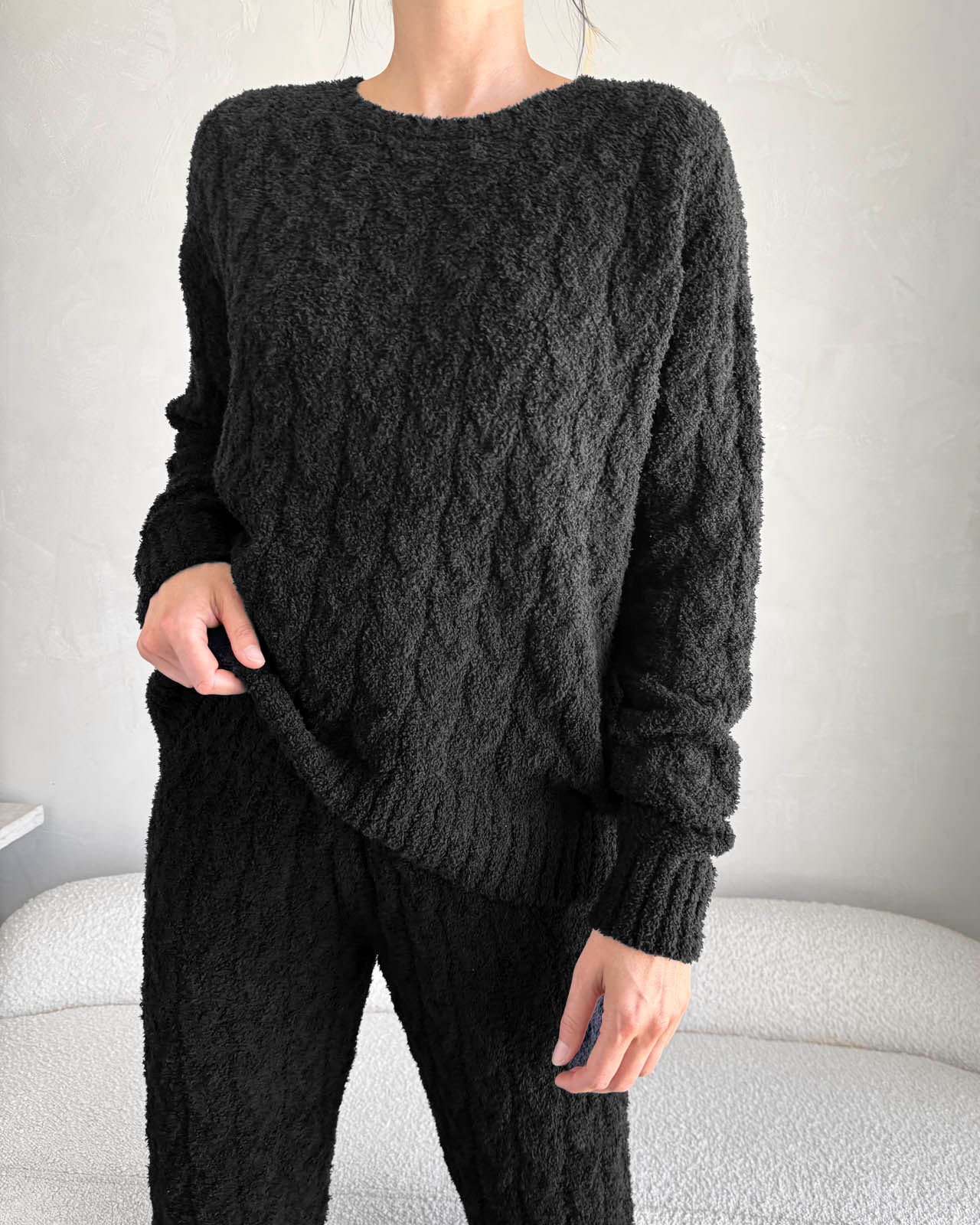 Black Fuzzy Cable Knit Sweater PJ Set - Image 3