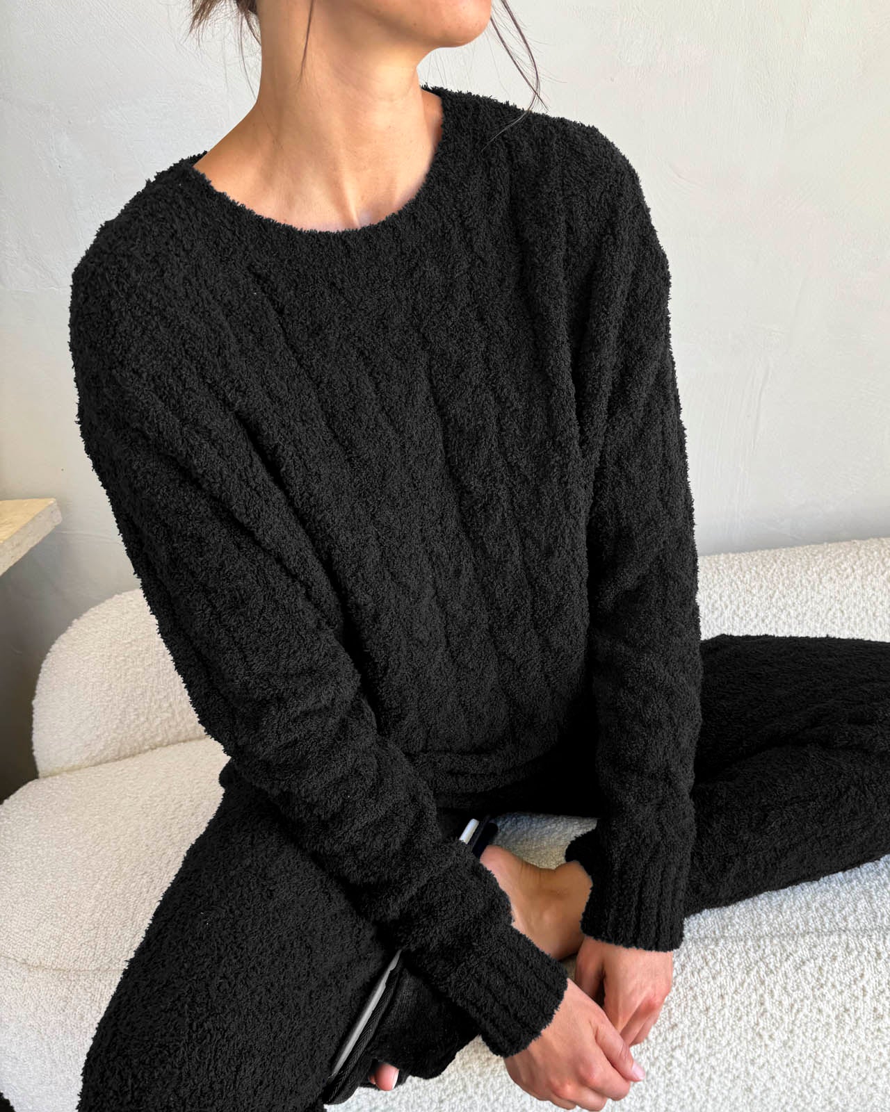 Black Fuzzy Cable Knit Sweater PJ Set - Image 4