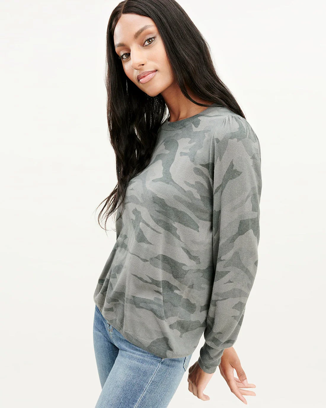 Cashblend Puff Sleeve Top in Camo - Image 4