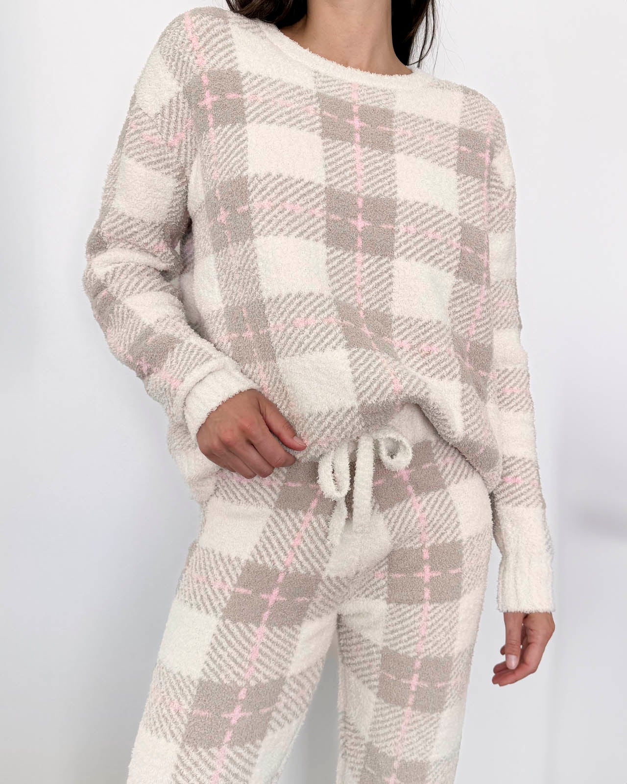 Grey Plaid Fuzzy Sweater PJ Set - Image 3