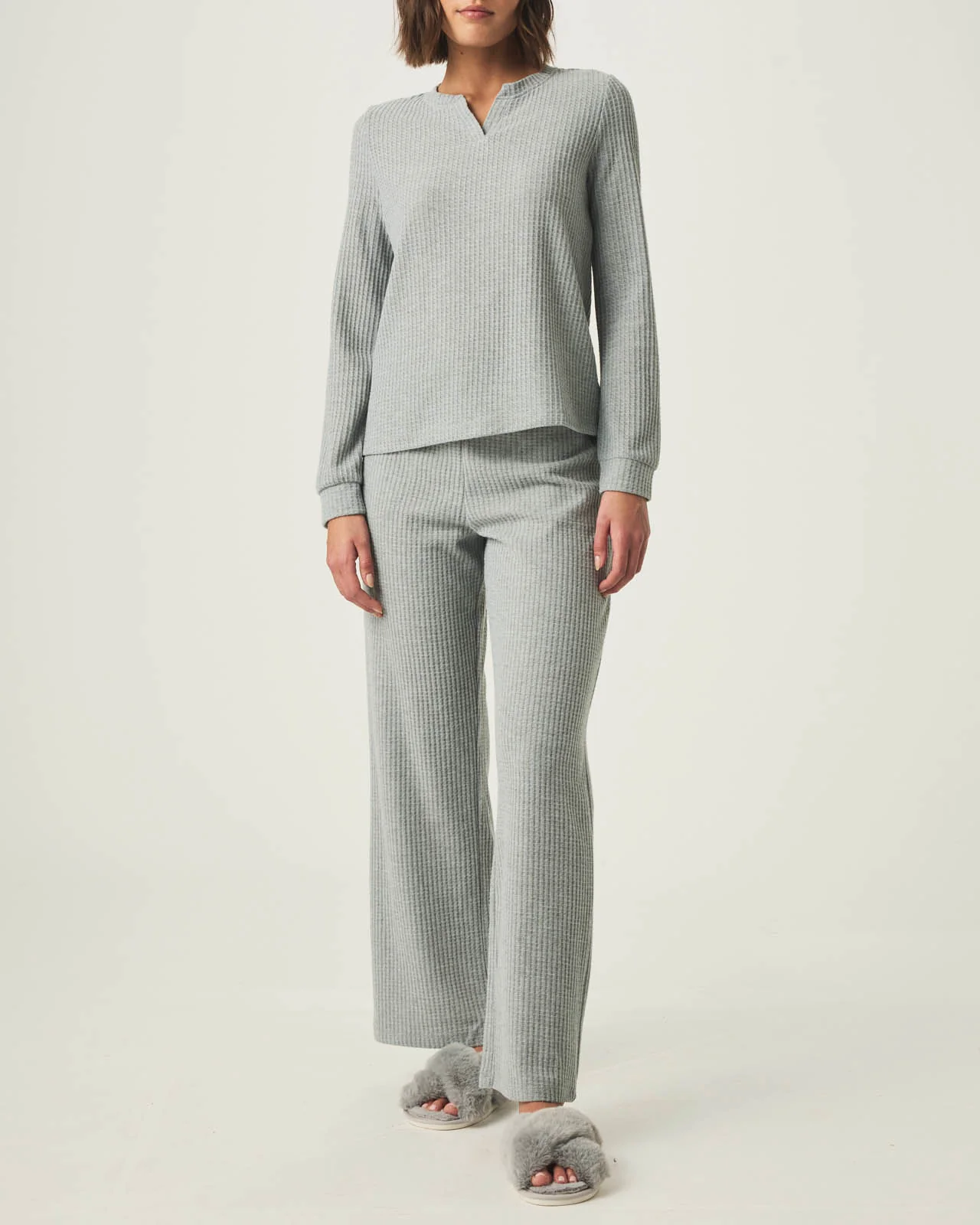 Heather Grey Split Crewneck Waffle Knit Sleep Set