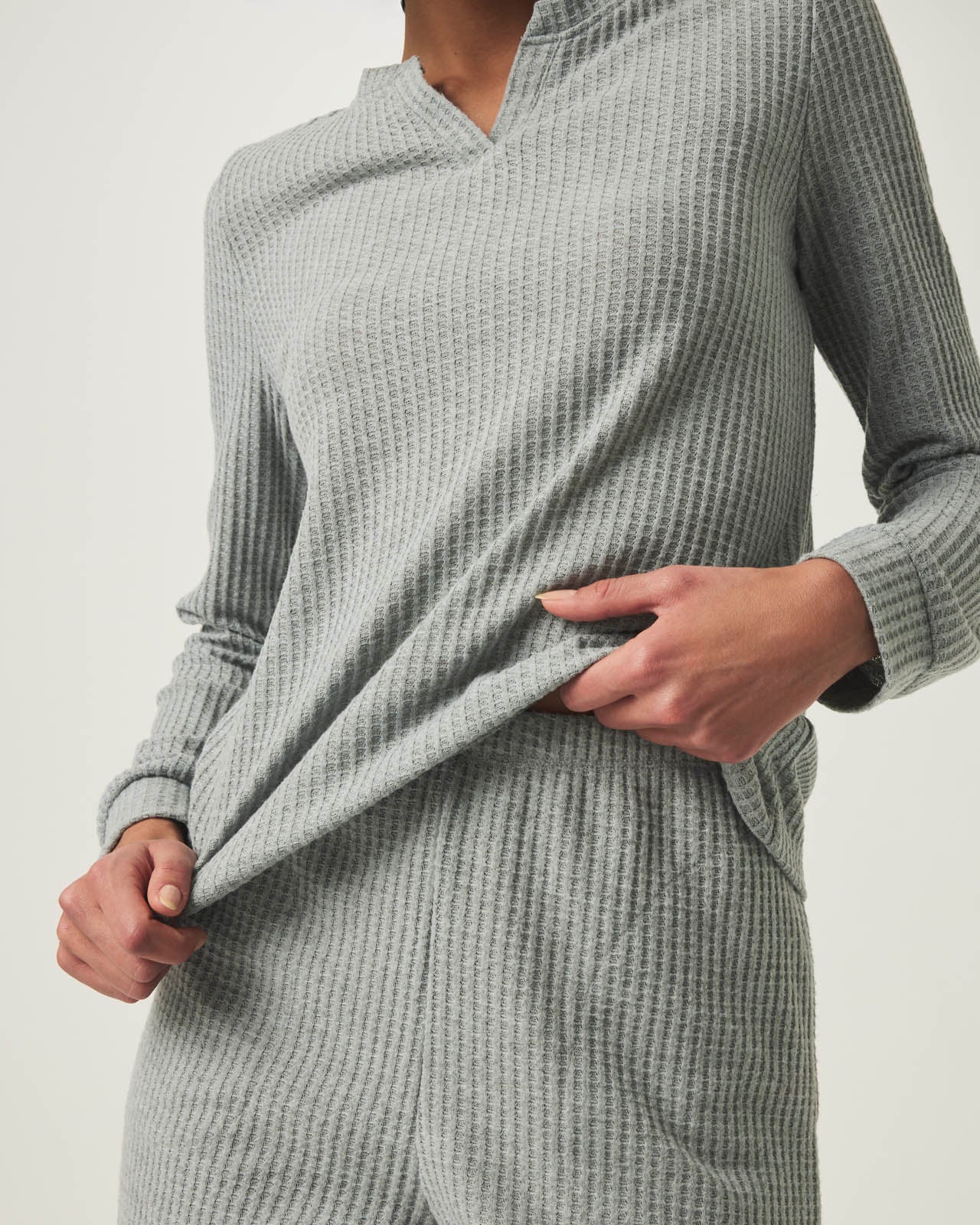 Heather Grey Split Crewneck Waffle Knit Sleep Set - Image 2