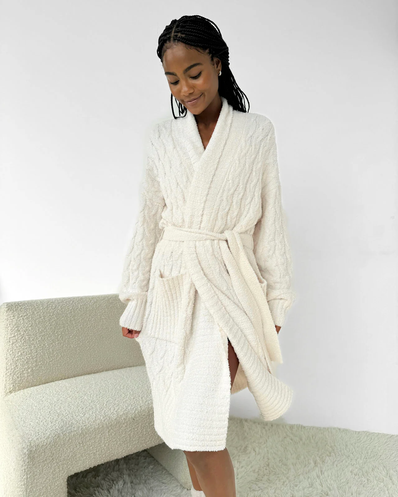 Ivory Cozy Fuzzy PJ Cable Robe