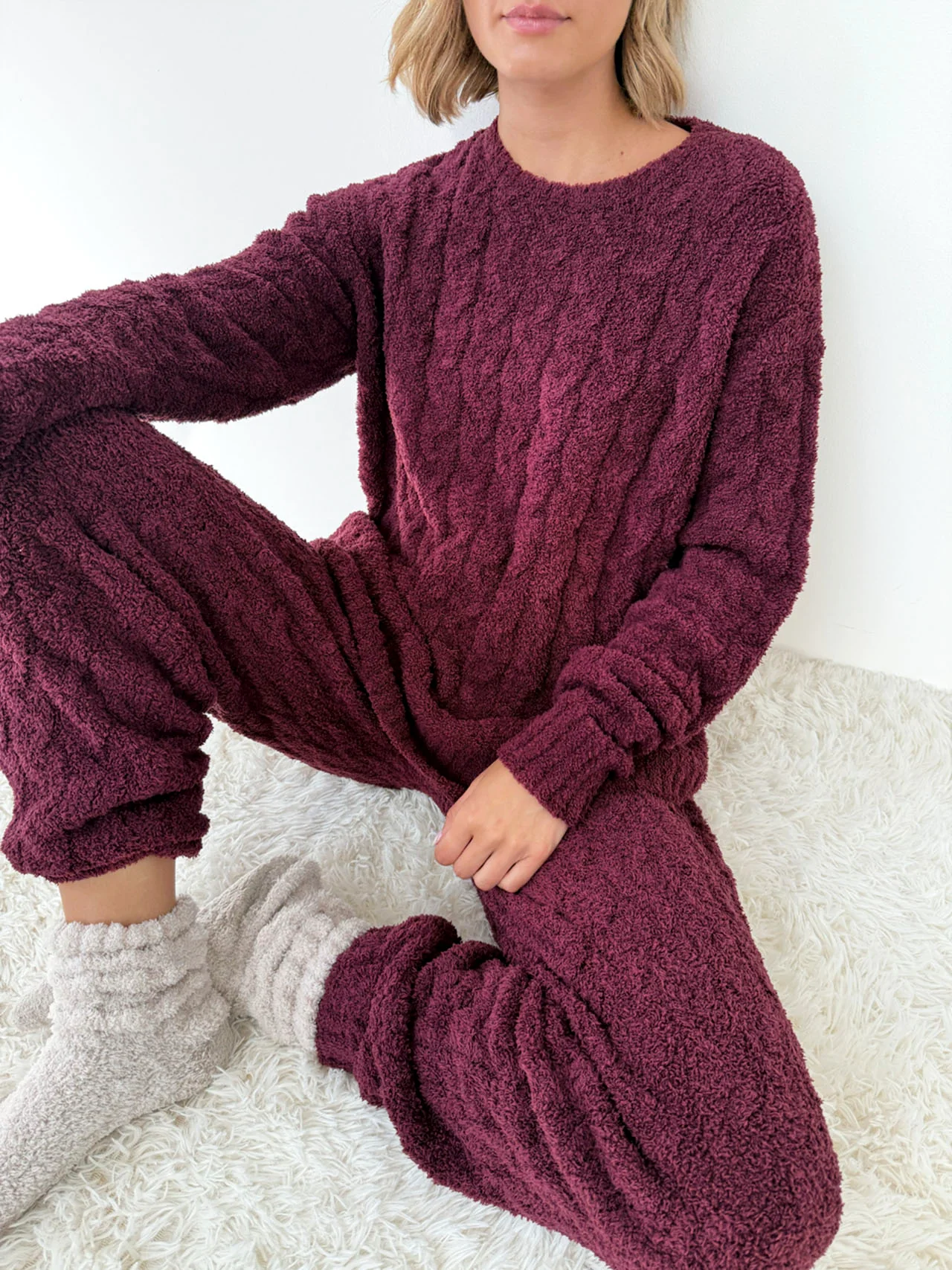 Merlot Fuzzy Cable Knit Sweater PJ Set