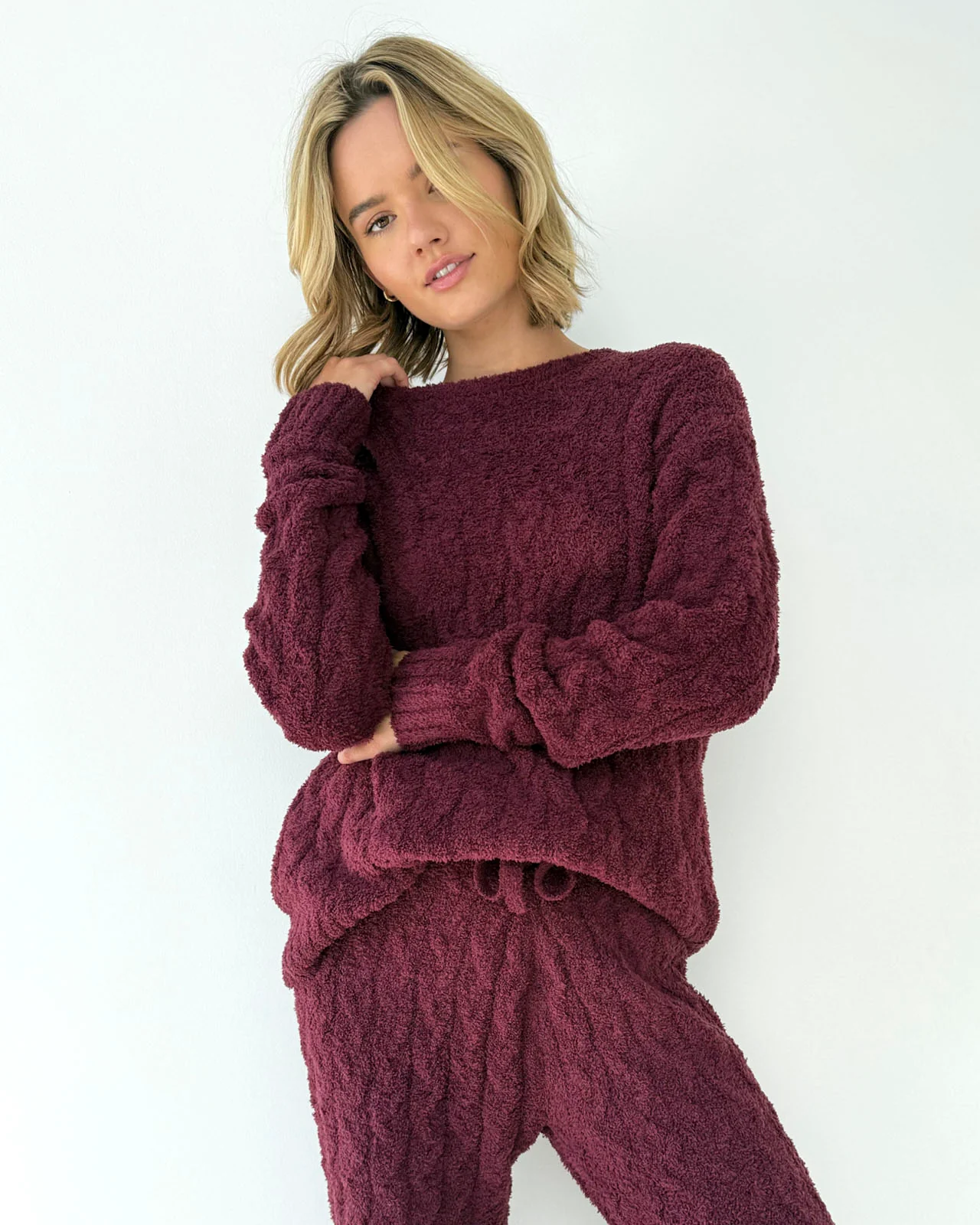 Merlot Fuzzy Cable Knit Sweater PJ Set - Image 2