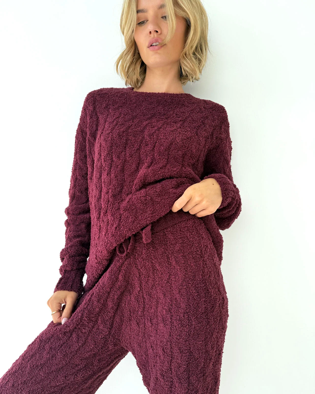Merlot Fuzzy Cable Knit Sweater PJ Set - Image 3