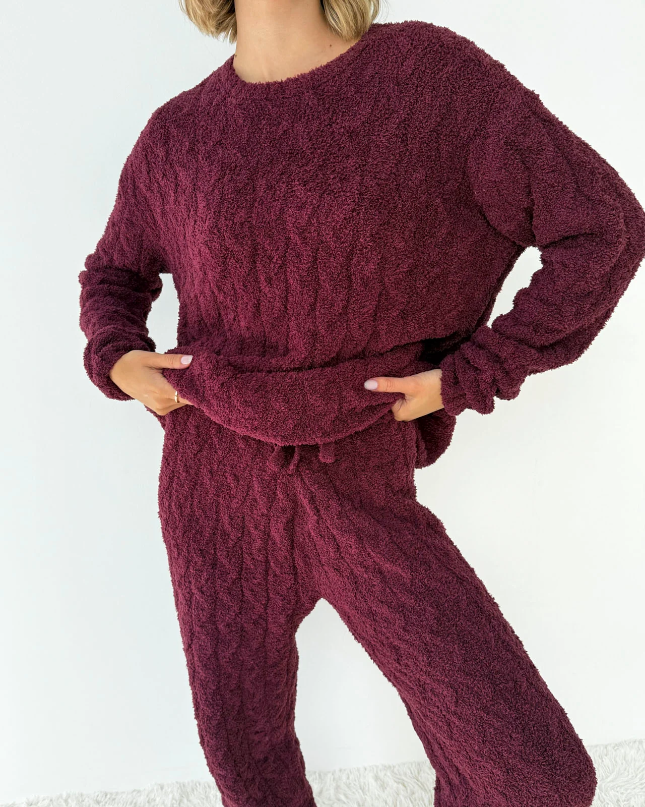 Merlot Fuzzy Cable Knit Sweater PJ Set - Image 4