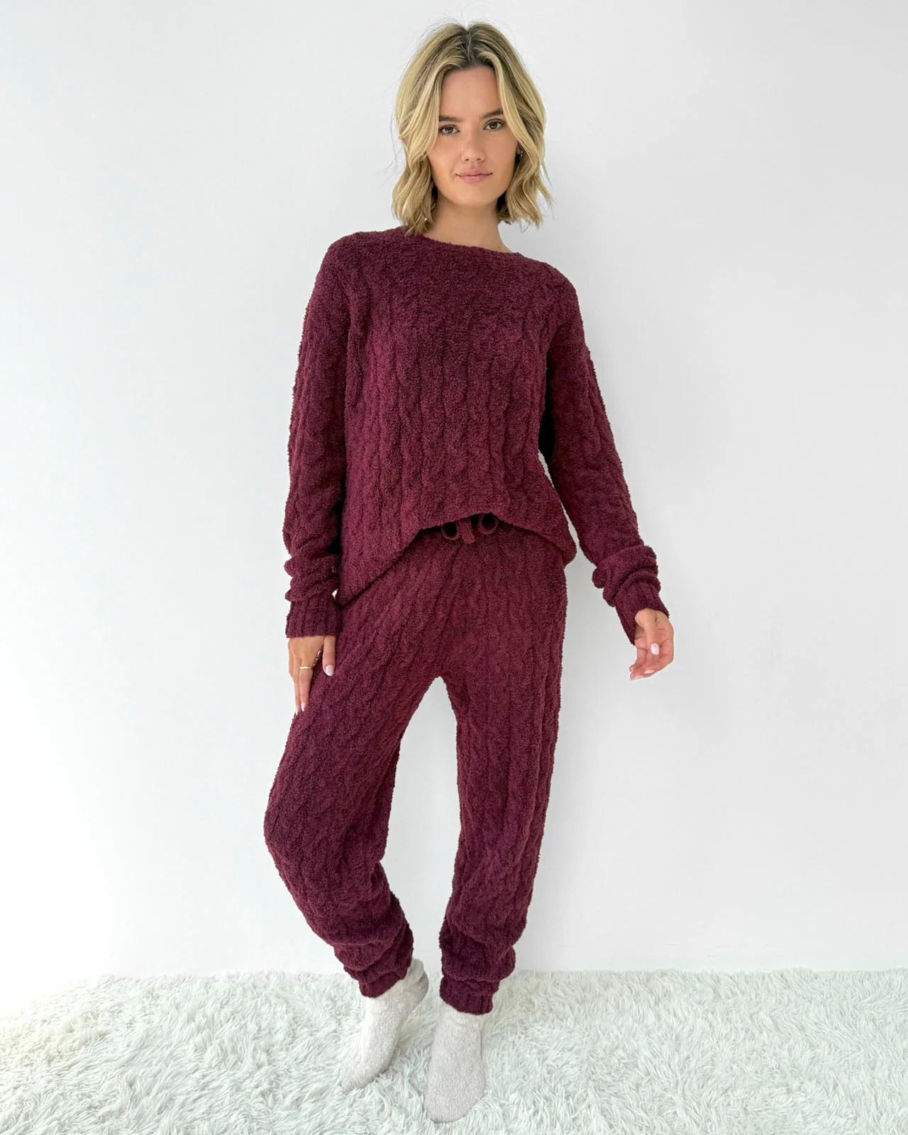 Merlot Fuzzy Cable Knit Sweater PJ Set - Image 6