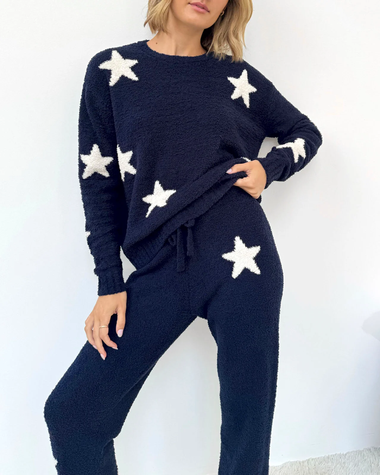 Navy Oat Stars Fuzzy Sweater PJ Set