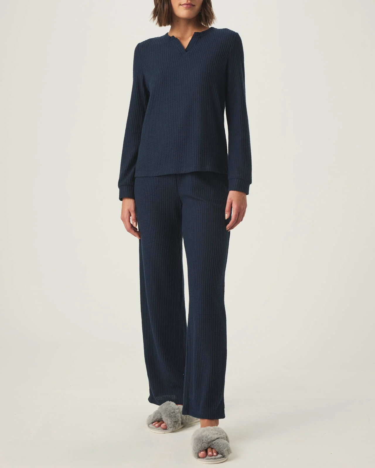 Navy Split Crewneck Waffle Knit Sleep Set