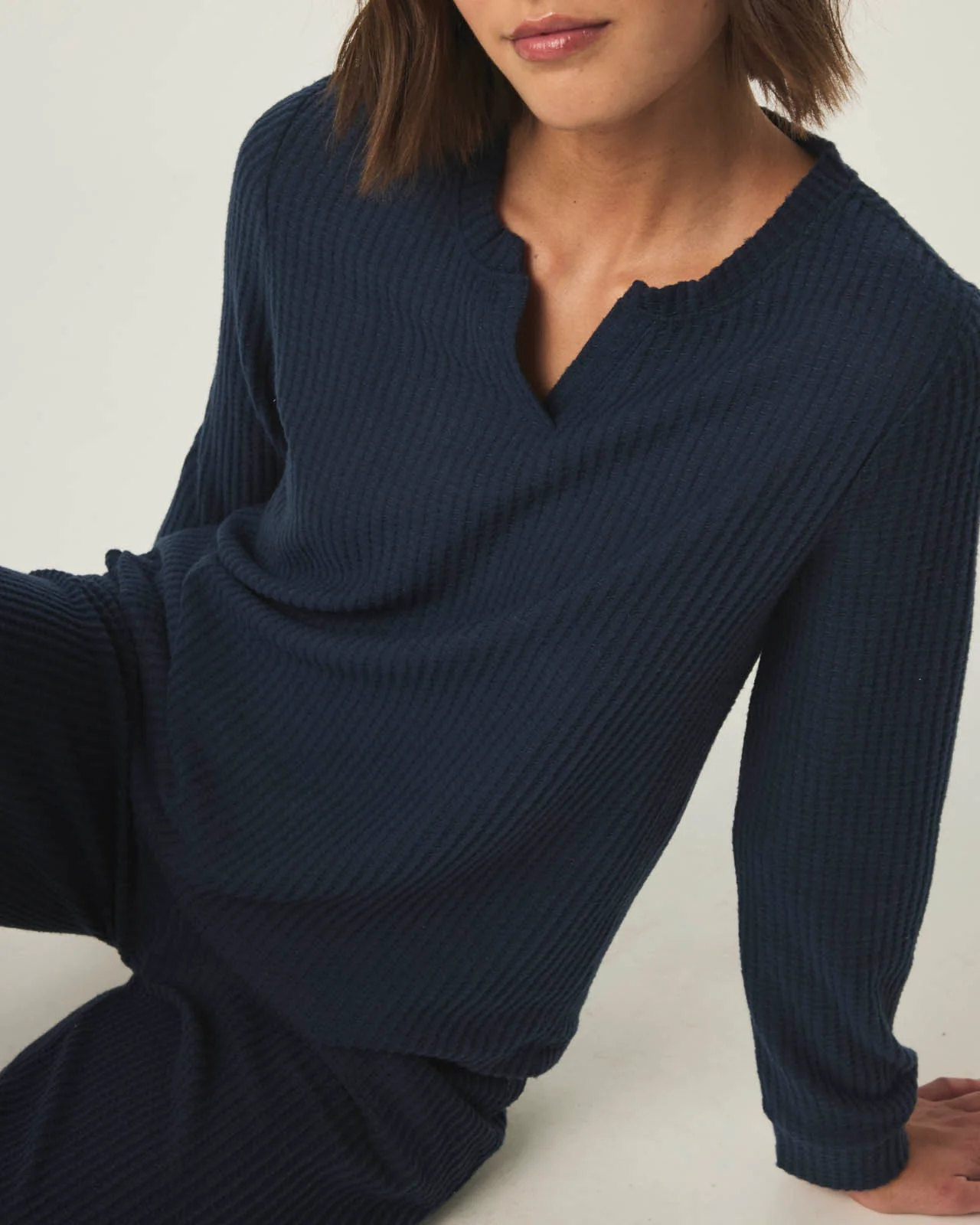 Navy Split Crewneck Waffle Knit Sleep Set - Image 2