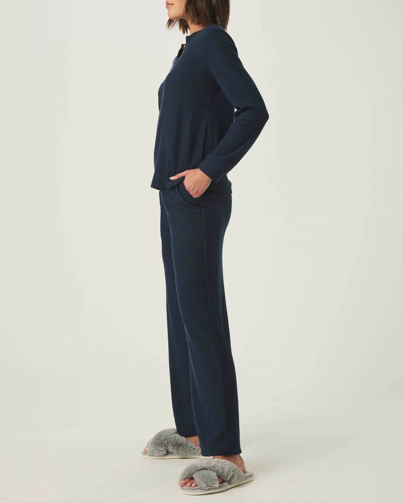 Navy Split Crewneck Waffle Knit Sleep Set - Image 3