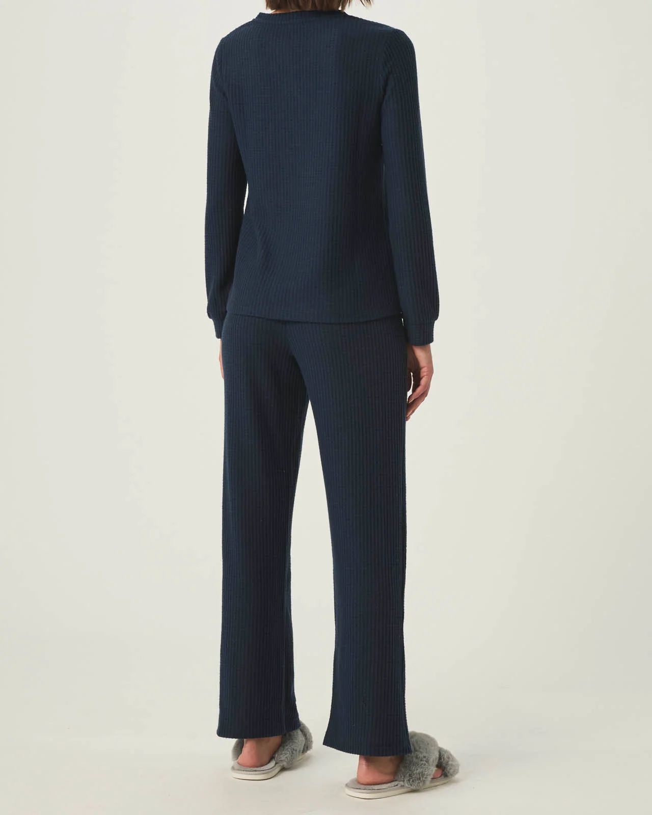 Navy Split Crewneck Waffle Knit Sleep Set - Image 4