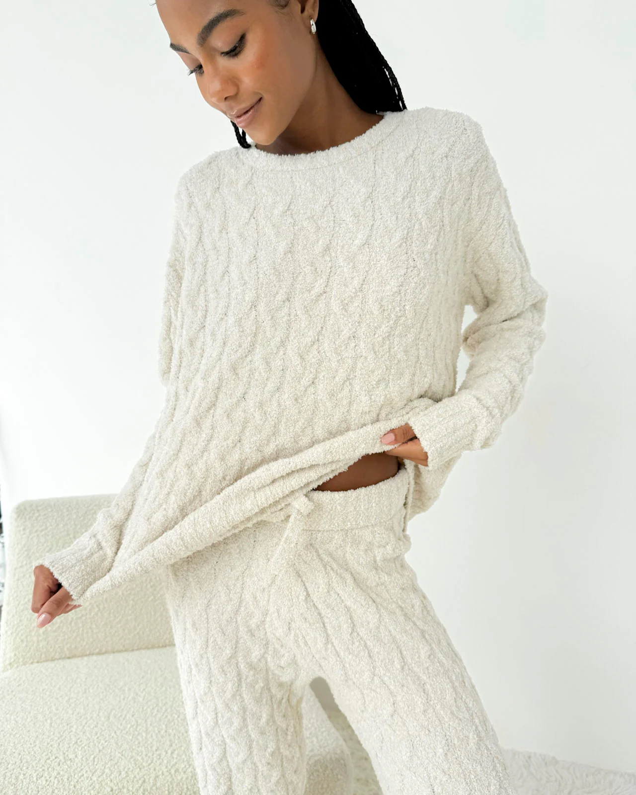 Oat Heather Fuzzy Cable Knit Sweater PJ Set - Image 2
