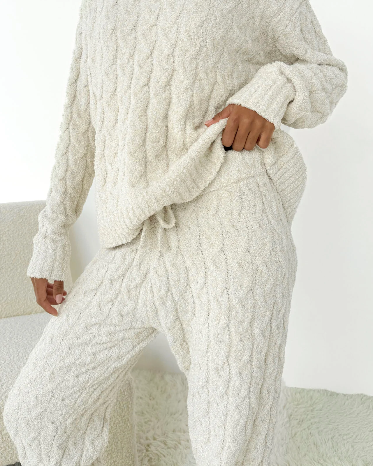 Oat Heather Fuzzy Cable Knit Sweater PJ Set - Image 3