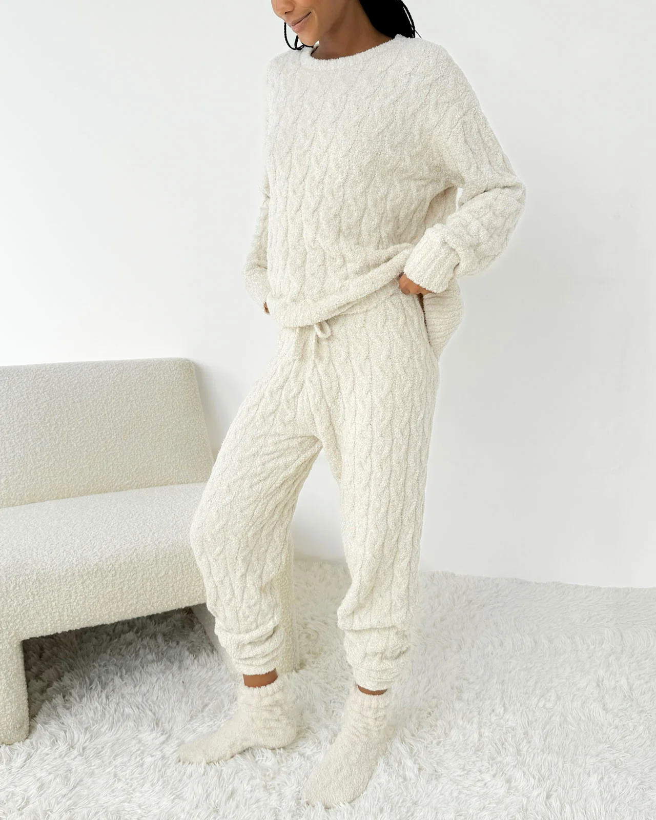 Oat Heather Fuzzy Cable Knit Sweater PJ Set - Image 4