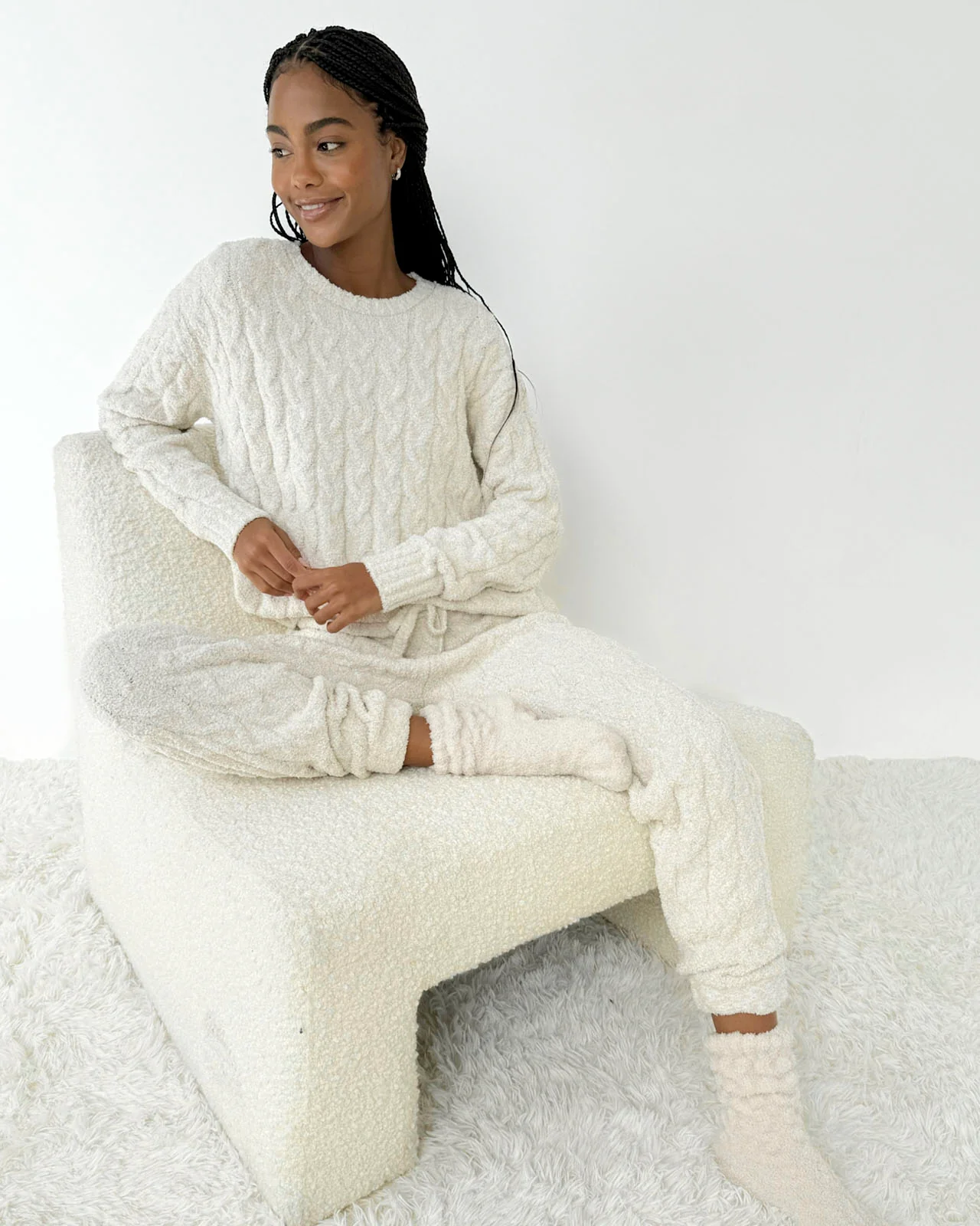 Oat Heather Fuzzy Cable Knit Sweater PJ Set - Image 5