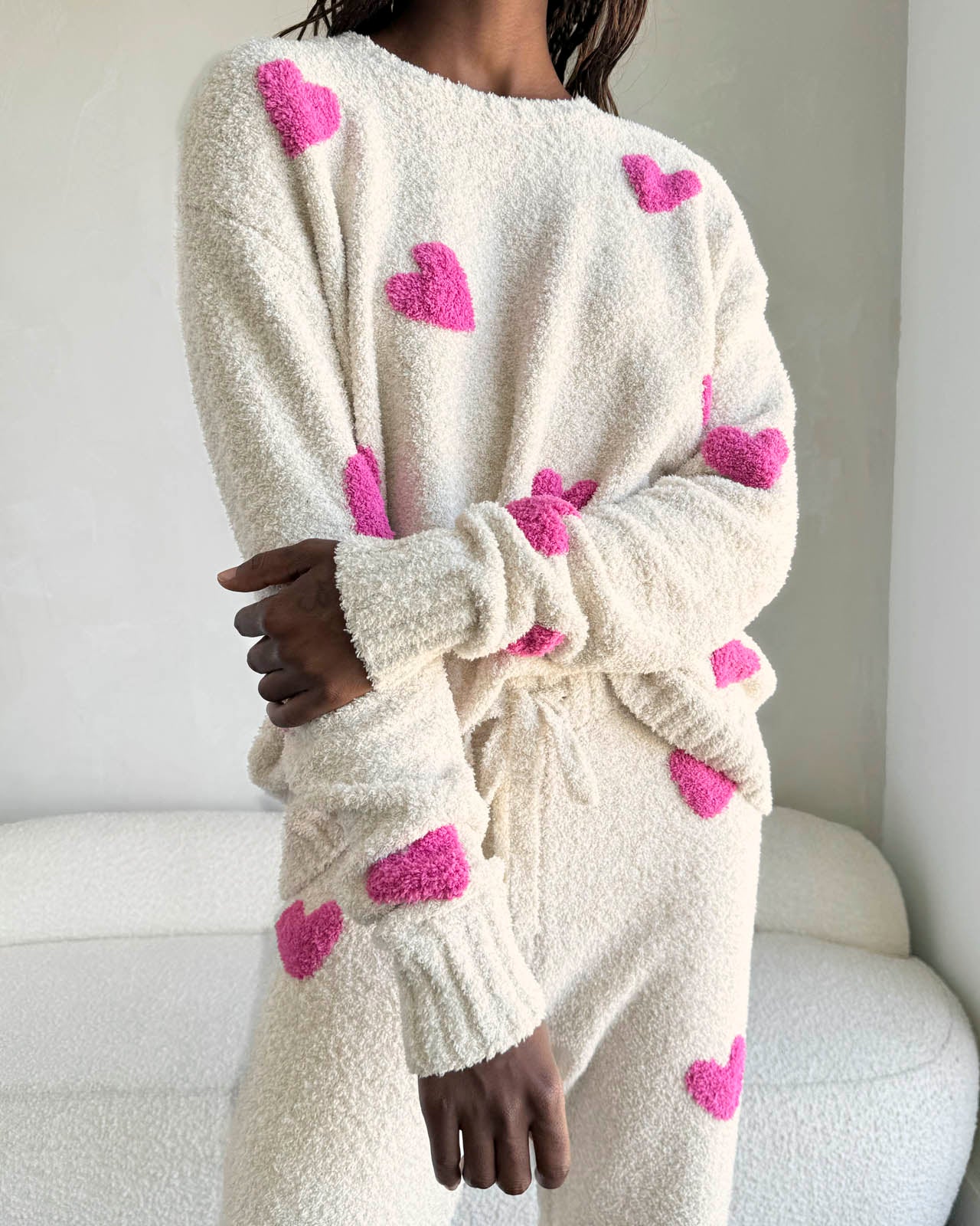 Pink Hearts Fuzzy Sweater PJ Set - Image 3