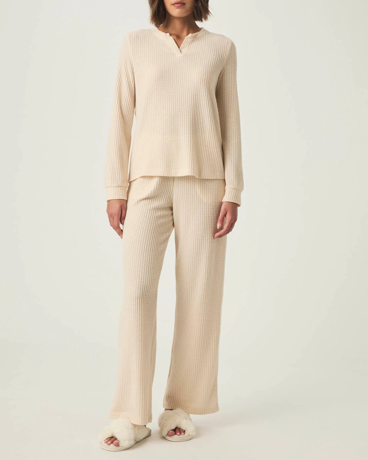 Pink Tint Split Crewneck Waffle Knit Sleep Set