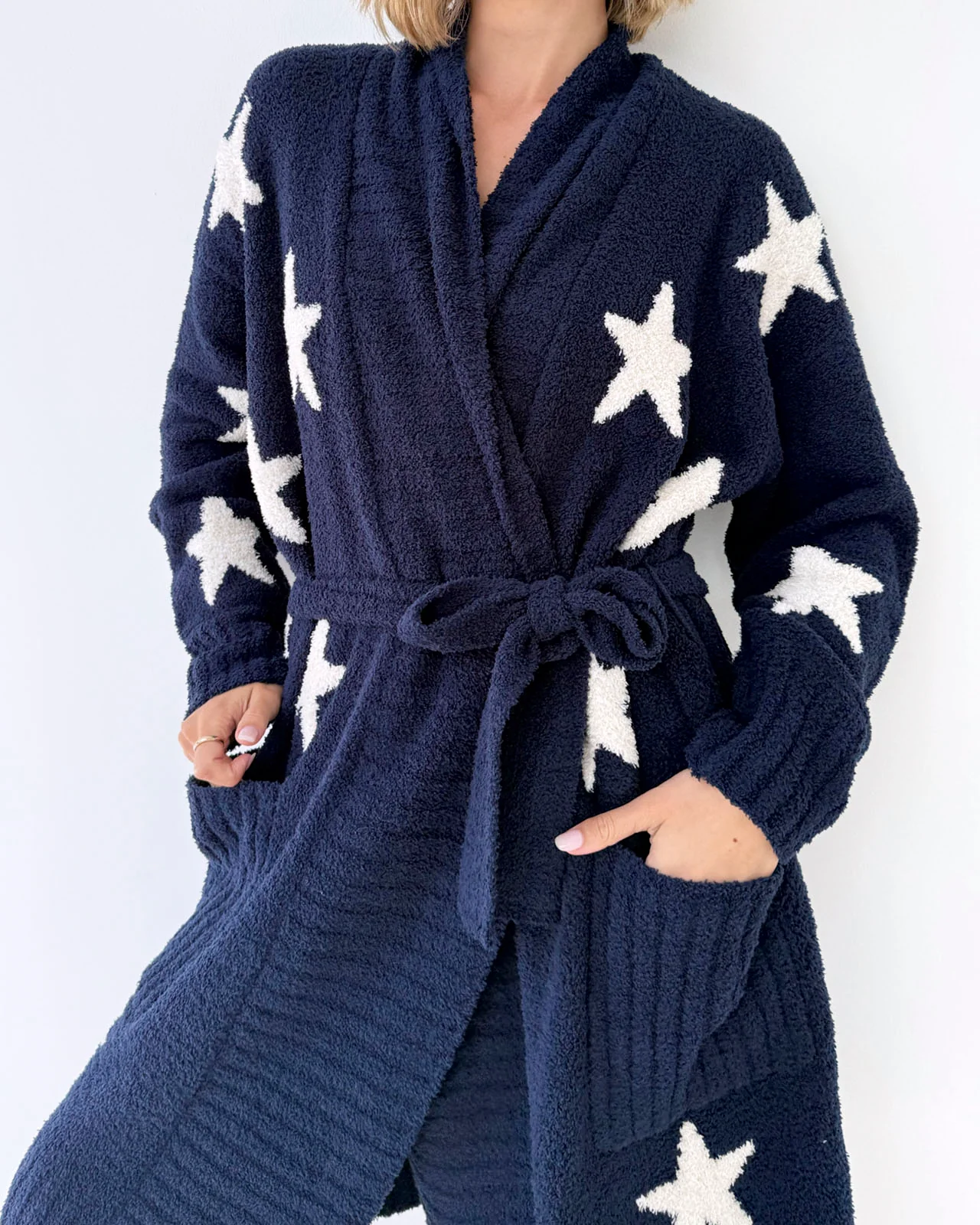 Pomona Fuzzy Yarn Navy Oat Stars Robe - Image 3
