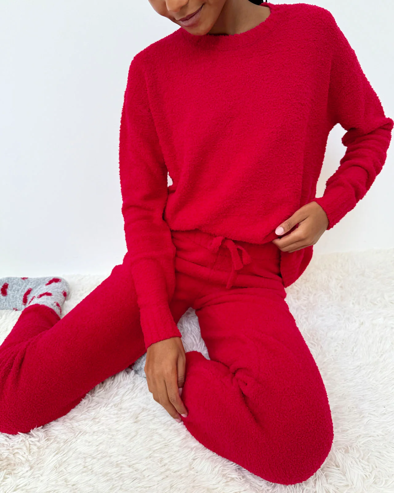 Red Fuzzy Sweater PJ Set