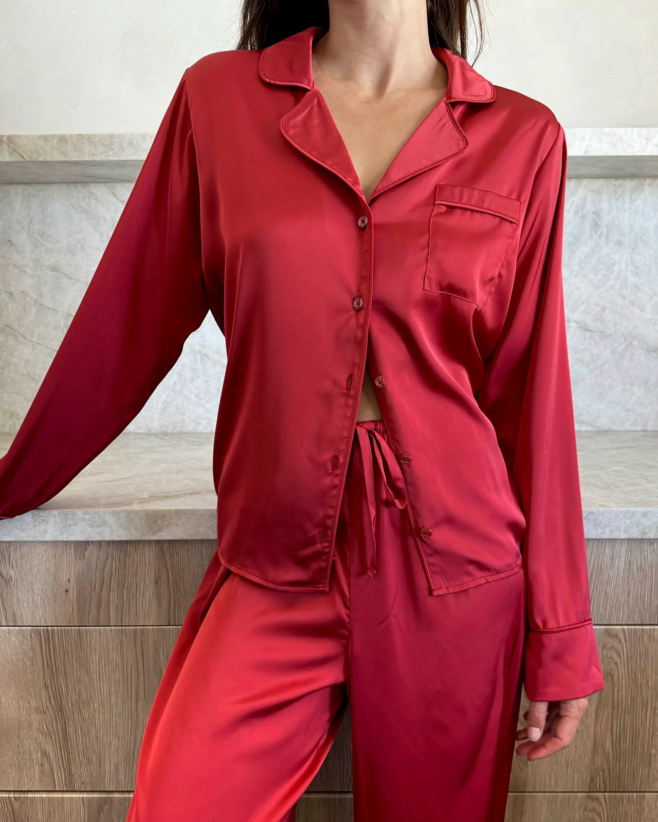 Red Satin Silk PJ Set