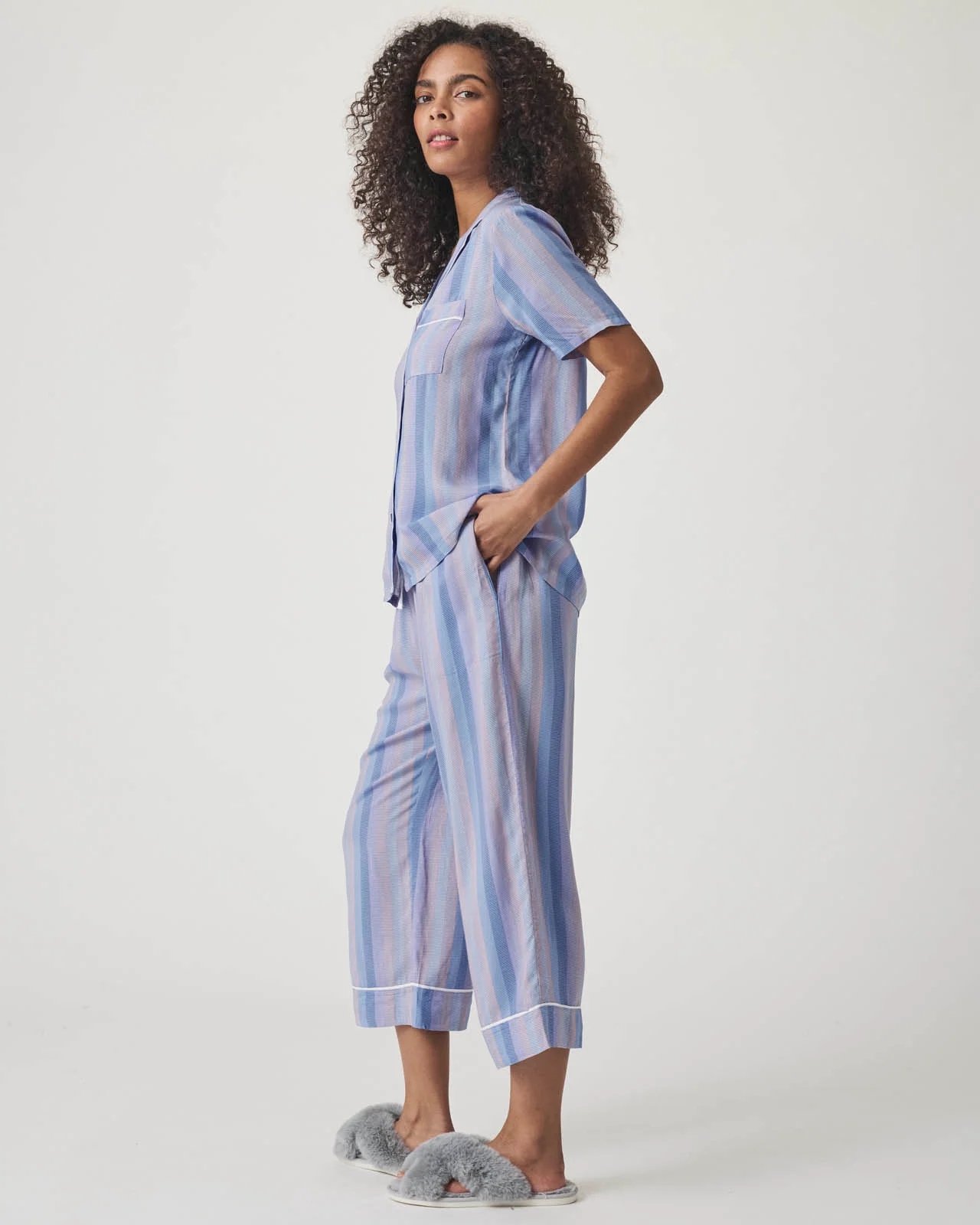 Slate Stripe Notch Collar and Crop Pant Sleep Set - Image 3