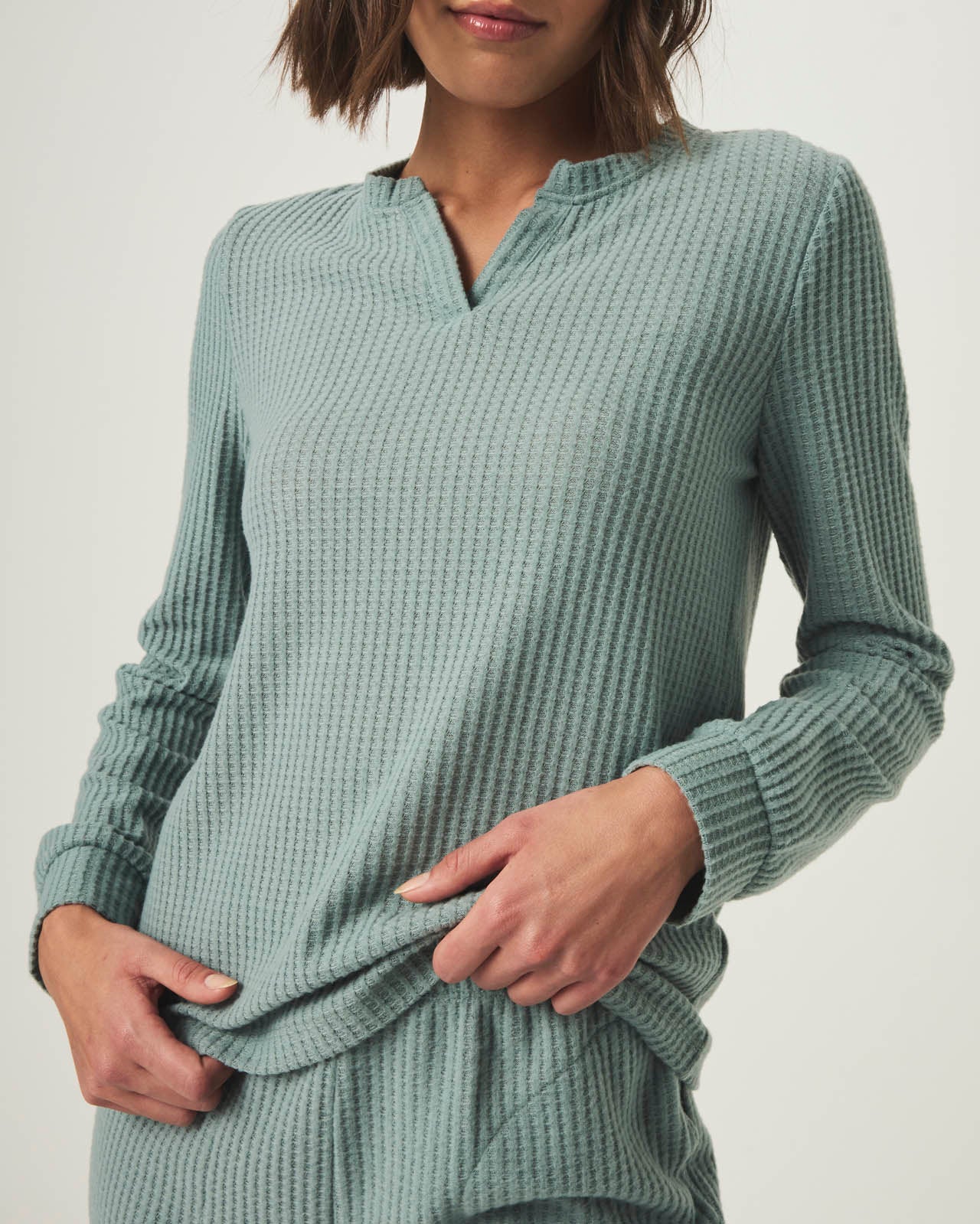 Stormy Sea Split Crewneck Waffle Knit Sleep Set