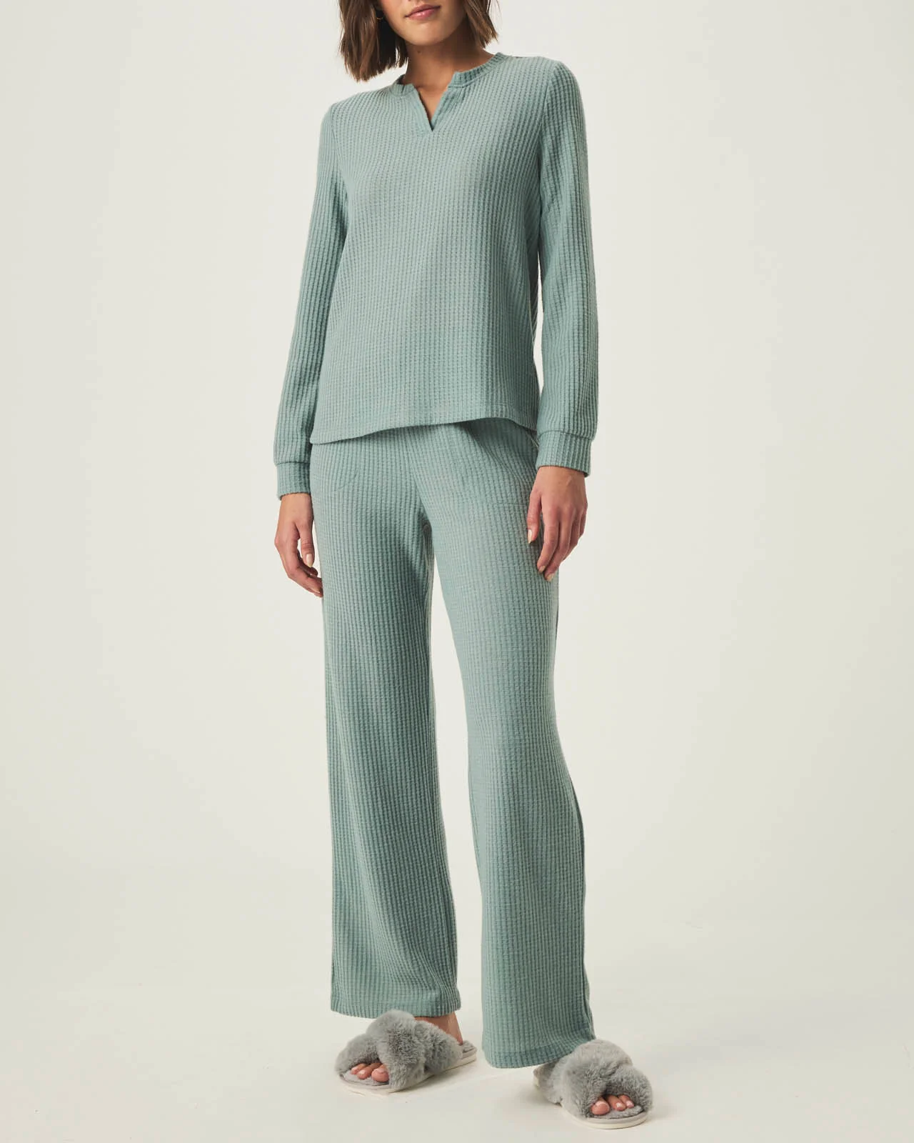 Stormy Sea Split Crewneck Waffle Knit Sleep Set - Image 2