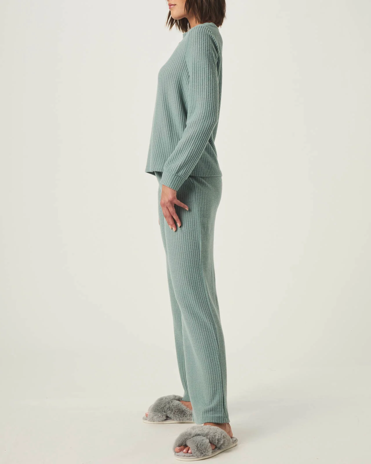 Stormy Sea Split Crewneck Waffle Knit Sleep Set - Image 3
